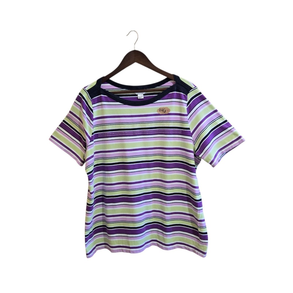 CJ Banks Women's‎ Striped T Shirt Size 1X Short Sleeve Purple Black White Cotton